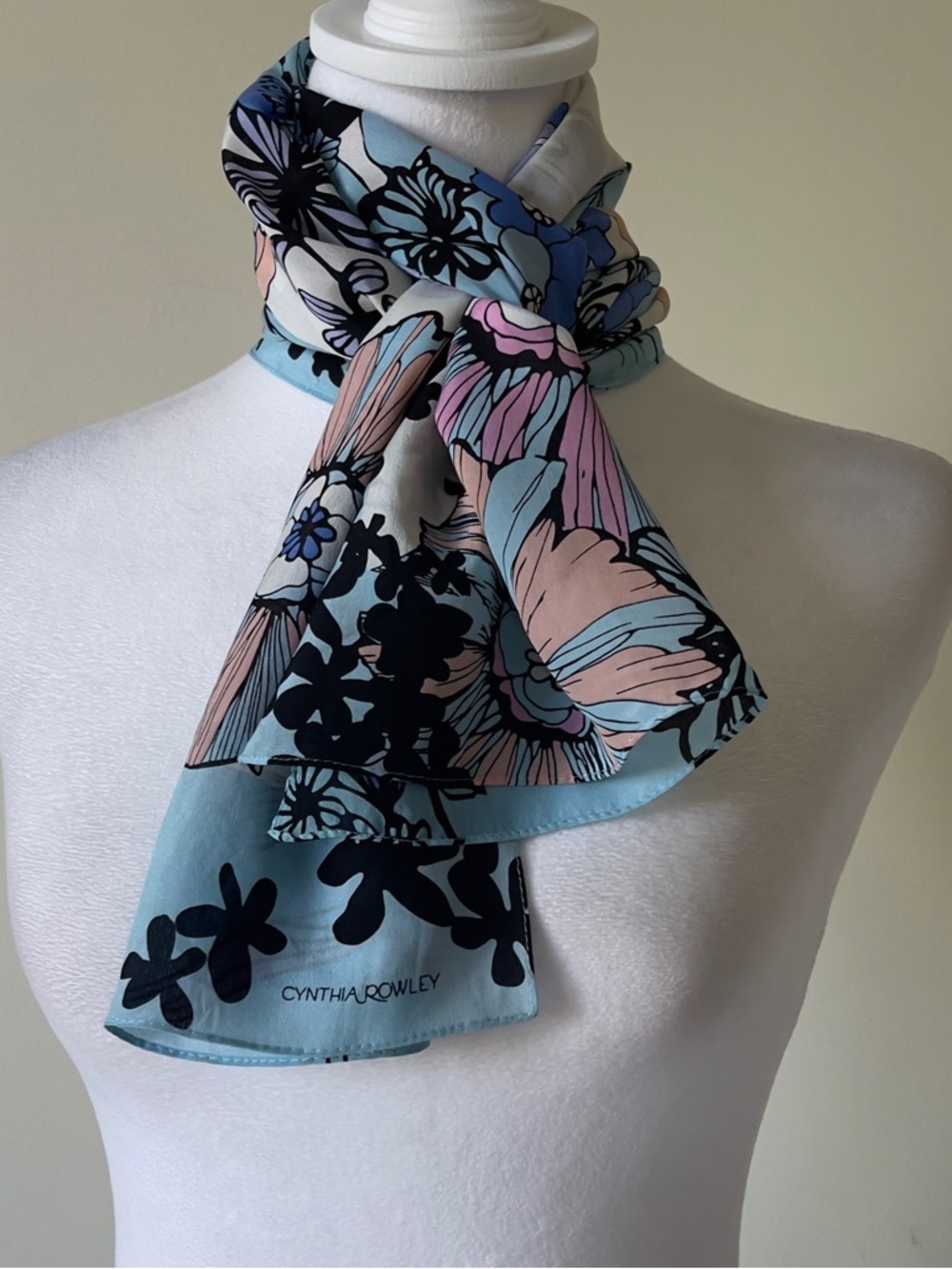Cynthia Rowley Pastel Blue, Pink & Black Floral Silk-like feel Scarf EUC